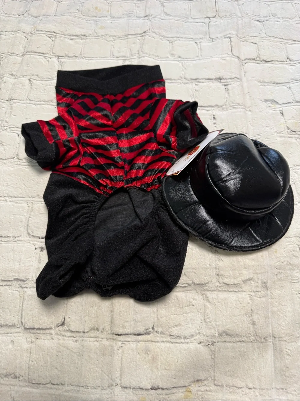 Pet warrior Dog striped red and black shirt and black pants. Halloween custome.